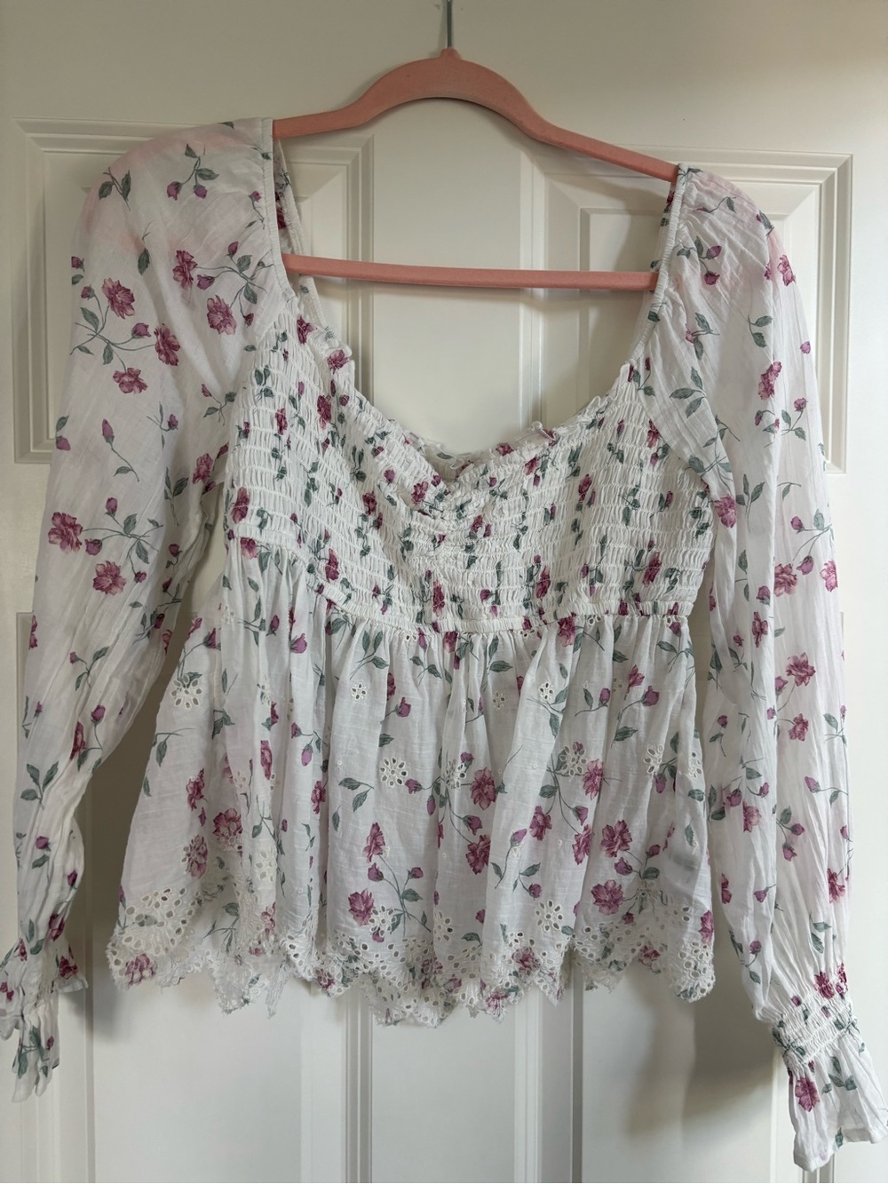 American Eagle Outfitters White Peasant Blouse with Pink Floral Print